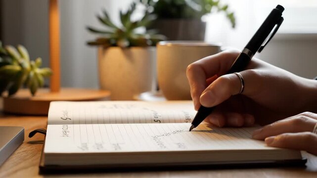 Video of daily planning in notebook at cozy home workspace, close up writing detail, remote work organization and goal setting concept for modern entrepreneurs and students.