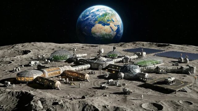 Futuristic lunar base on the moon surface with pressurized domes solar panels and Earth rising in space