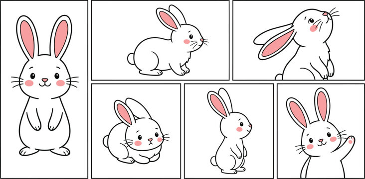 Set of Cute Bunny Rabbits Poses &ndash; Cartoon Kawaii Style Vector Graphics