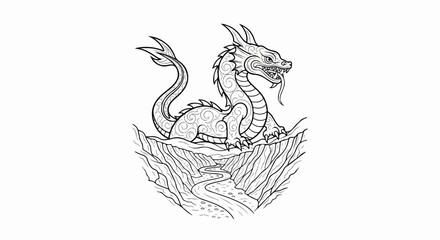 Fototapeta premium Stylized dragon perched on mountain rocks above winding river