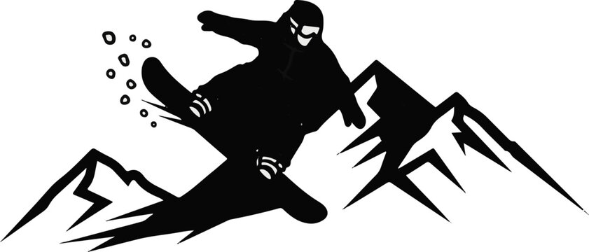 Stylized black and white illustration of a snowboarder jumping over mountain peaks