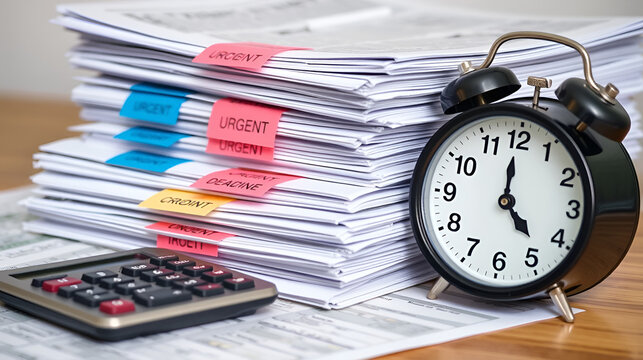 A stack of tax documents tagged with urgent deadlines a calculator and a clock ticking down encapsulating the pressure of tax season