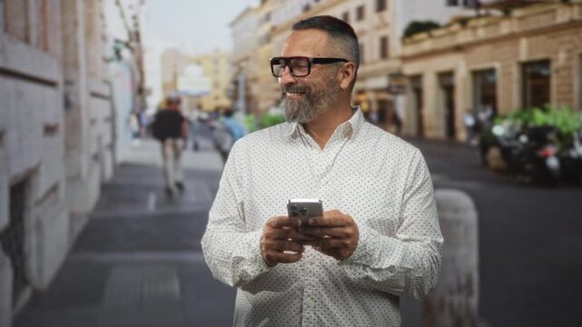 Man with grey hair and beard wearing glasses holding smartphone and smiling while typing on a busy city street; contentment connection.