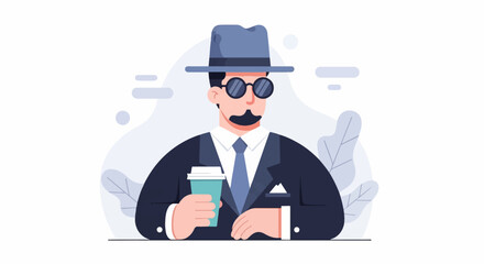 Obraz premium Stylish man with mustache and hat holding coffee cup, modern flat art