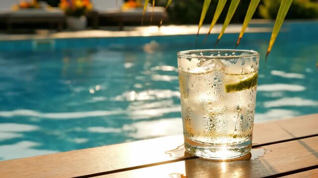 Video of poolside table scene with drink glass reflection and summer mood, luxury leisure concept, vacation lifestyle background and resort relaxation theme.