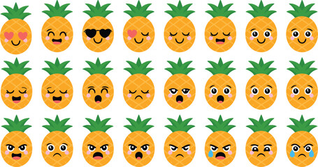 Obraz premium Flat vector set of cute pineapple emoji characters with various facial expressions including happy sad angry and surprised icons isolated on white background for summer graphic design projects.