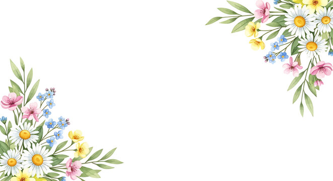 Delicate watercolor floral corner frame with spring daisies, forget-me-nots, and pink blossoms.