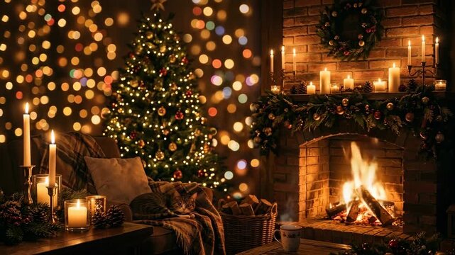 Cozy living room with burning fireplace decorated Christmas tree sleeping cat and warm holiday lighting