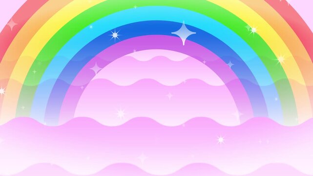 キラキラした背景に雲をイメージした波模様の中に虹がかかる抽象背景モーションアニメーション