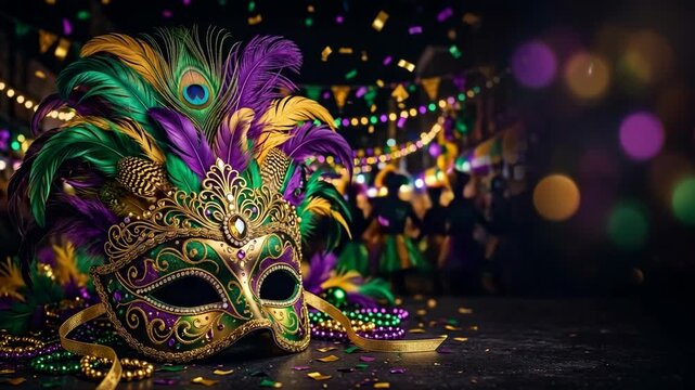 Ornate purple and gold masquerade mask with colorful feathers and beads on a festive night street during carnival