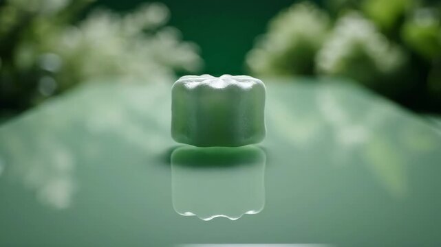 Video of single mint sweet dropping onto sleek glossy plane in fresh green environment, minimalist candy motion concept for clean lifestyle and product showcase media.
