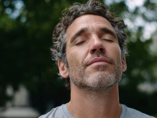 Fototapeta premium Man calming himself with deep breath