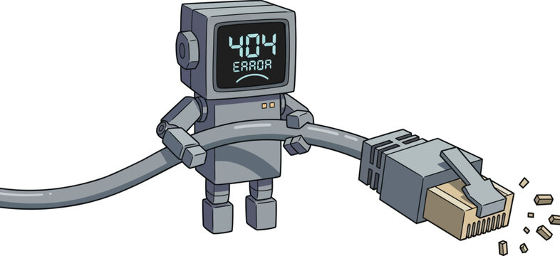 A blue robot holding a broken ethernet cable with a sad face on its screen