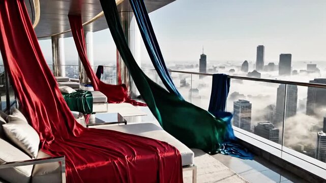 A rooftop lounge with colorful hammocks overlooking a foggy cityscape