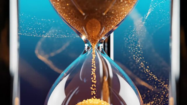 Video of futuristic hourglass timer floating in soft gradient space, deadline and productivity concept for digital marketing and startup presentations with glowing sand grains suspended in