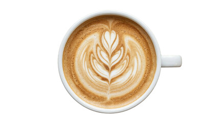 Overhead view of a perfectly crafted latte art in a white mug, showcasing intricate floral patterns against a clean white background, representing the artistry of coffee
