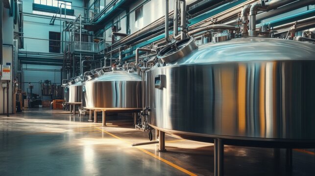 Large Stainless Steel Mixing Tanks in Industrial Facility