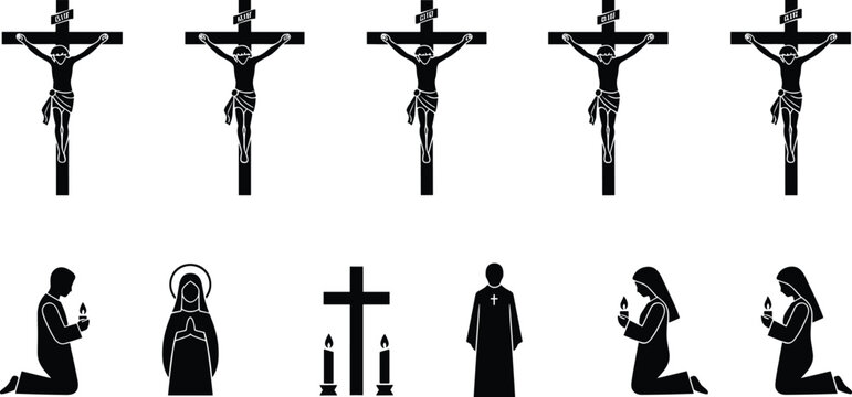 Black silhouette vector illustration set featuring Jesus Christ on the cross, people praying with candles, a priest, and Virgin Mary for religious graphic design.