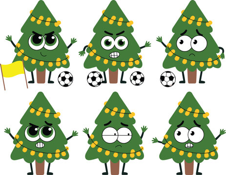 Cartoon illustration of six expressive Christmas trees with lights, faces, emotions, and soccer balls, playful festive holiday character design combining sports, celebration, 