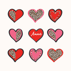 Collection of cute hand-drawn heart shapes featuring trendy leopard animal print and Amour text. Perfect vector graphic for Y2K preppy aesthetic t-shirt prints, stickers, and Valentine apparel. © gorgang