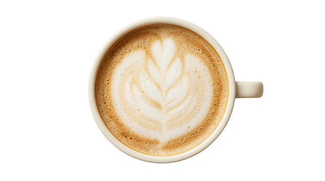 Top view of a steaming hot cappuccino with beautiful latte art in a white ceramic mug, a delightful morning beverage perfect for a coffee break