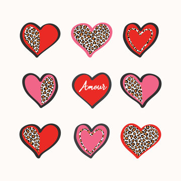 Collection of cute hand-drawn heart shapes featuring trendy leopard animal print and Amour text. Perfect vector graphic for Y2K preppy aesthetic t-shirt prints, stickers, and Valentine apparel.