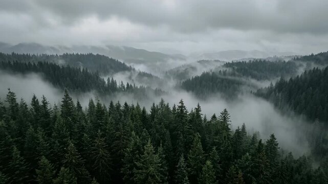 Aerial view of misty pine forest and fog rolling through deep mountain valleys under moody overcast sky