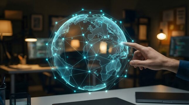 Hand touching a 3D glowing cyan digital earth showing global network nodes in an office