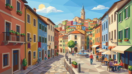 Fototapeta premium A colorful low-poly illustration of a bustling European town square on a sunny day, with people walking along a cobblestone street and dining at a cafe.