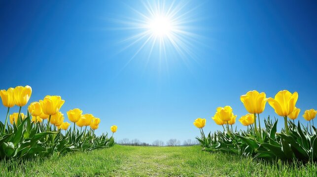 Yellow Tulips Bloom Under Bright Spring Sun