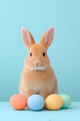 Fototapeta premium Cute brown rabbit with pastel Easter eggs on soft background. Adorable spring holiday animal concept.