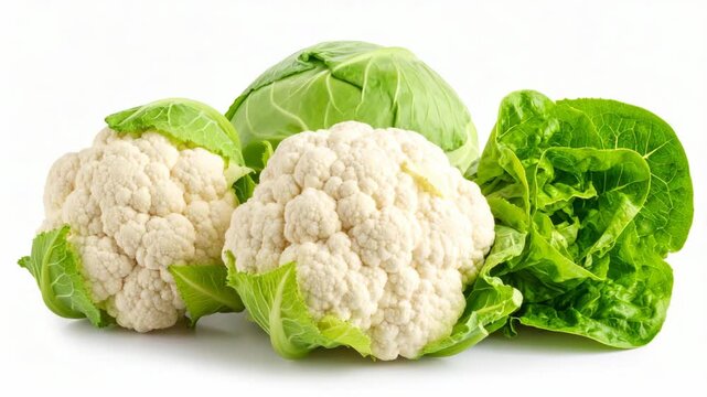 Fresh organic cauliflower green cabbage and crisp lettuce leaves arranged on a plain white studio background