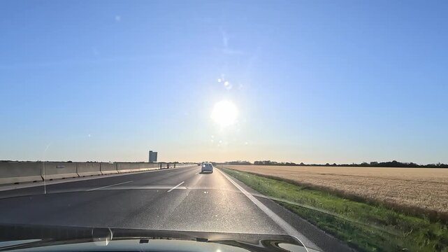 Driving on Highway D1 in Slovakia Low Sun Glare Road View