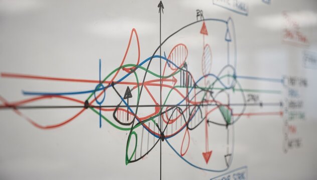 Focused view of a whiteboard featuring complex commodity options payoff patterns including butterfly and straddle spreads drawn in vivid markers with blurred edges.