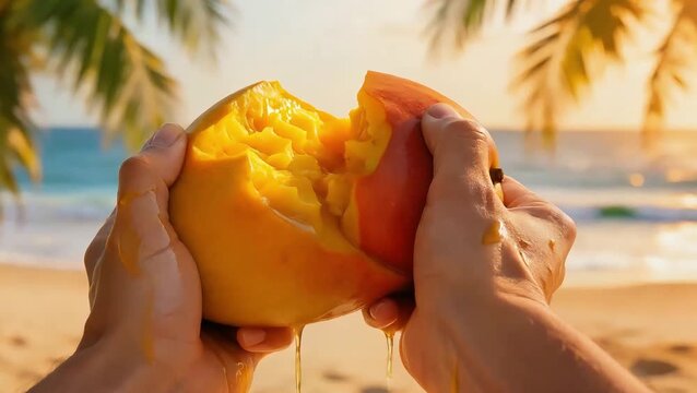 A person tearing apart a ripe mango in bright sunshine, showcasing the juicy flesh. The tropical scene has the ocean and palm trees in the background