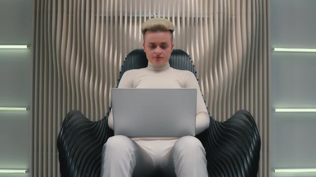 Caucasian concentrate woman focused girl female typing laptop chat using computer in futuristic space lady with pc technology work internet working chatting online device in futurism modern cyberspace