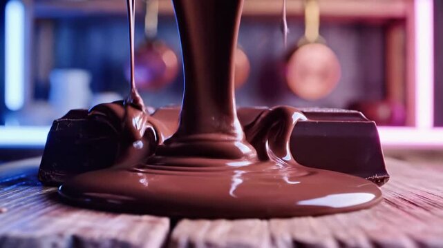 A rich, dark brown chocolate substance is flowing and pooling on a worn wooden surface