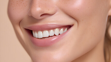 Fototapeta premium Closeup of smiling woman mouth with healthy white teeth.