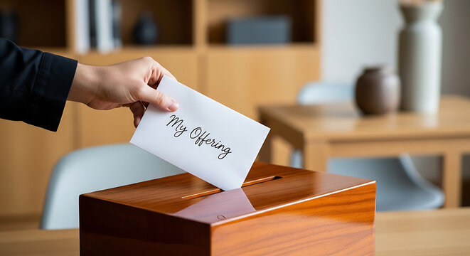 hand putting My Offering in a wooden donation box