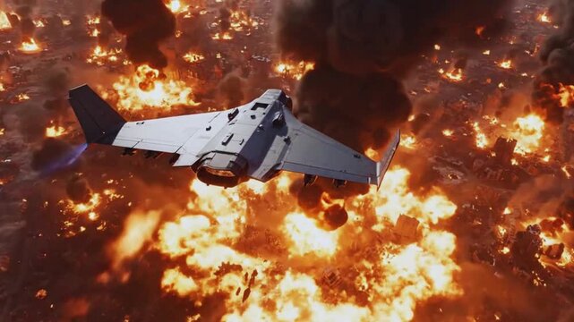 Futuristic stealth attack aircraft maneuvers rapidly above a heavily burning metropolis during intense military conflict video footage