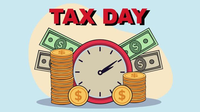 Clock surrounded by money and coins symbolizing Tax Day deadline. A strong concept of financial urgency, payment timing, budgeting, and responsibility for taxes, highlighting time-sensitive obligation