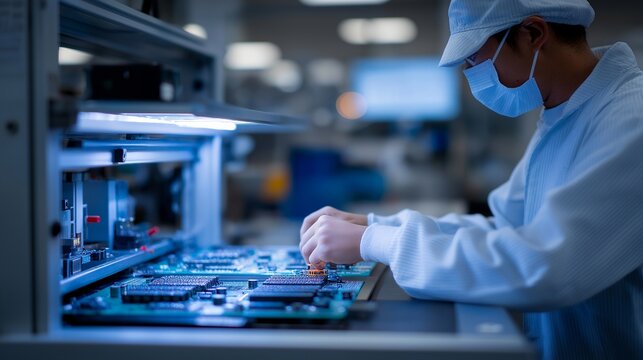 Technician reflows solder paste on circuit board using infrared heating station, thermal camera monitoring temperature zones across component assembly area, ideal for electronics manufacturing SMT