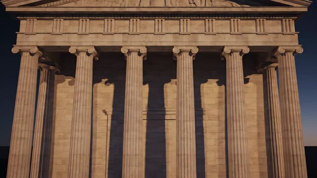 Neoclassical building facade with ionic columns illuminated by warm light in a minimalist conceptual setting, the facade partially emerging from shadow with a soft gradient night sky behind,