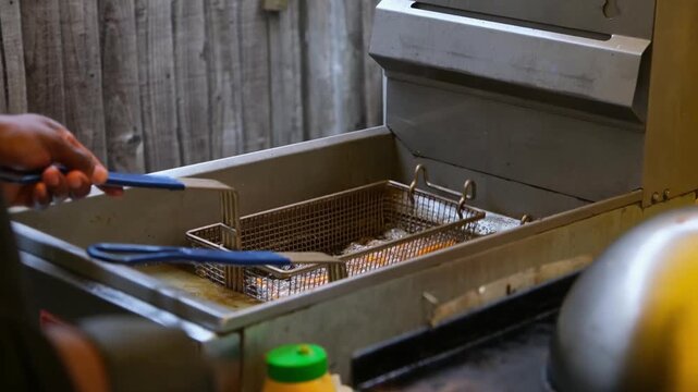 A close-up of a chef using a metal strainer to stir a batch of french fries in a deep fryer. The oil is bubbling rapidly with steam rising in a professional kitchen environment.