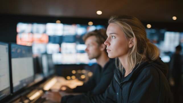 Content moderation team using advanced detection tools to identify synthetic media across social platforms, analysts reviewing flagged content on multiple screens in secure operations center, ideal