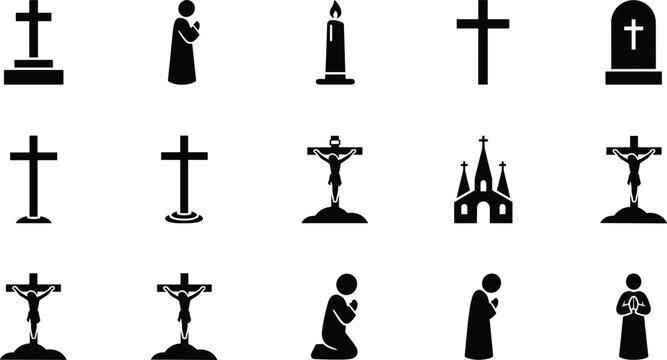 Set of black Christian icons featuring crucifix symbols, church building, prayer silhouettes, candle, and gravestone for religious holidays, funeral services, and church branding projects.
