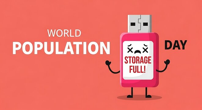 World population day concept with cartoon usb flash drive character showing storage full message