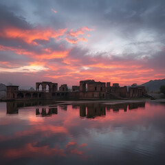 Fototapeta premium Ancient architecture ruins at Gadi Sagar (Gadisar) lake Jaipur Rajasthan at sunrise with vibrant moody sky.