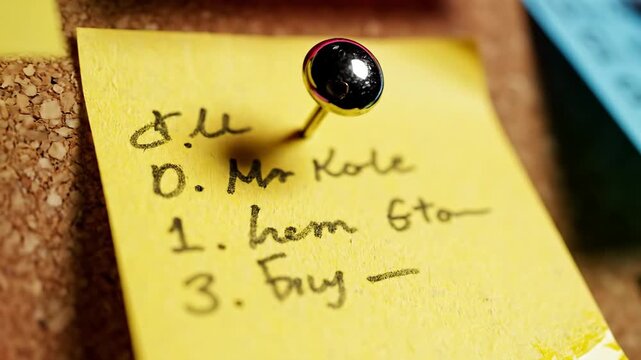 Video showcasing macro close-up of vibrant sticky notes secured with metallic push pins, daily reminders concept, organized lifestyle, productivity tools and planning culture visual.