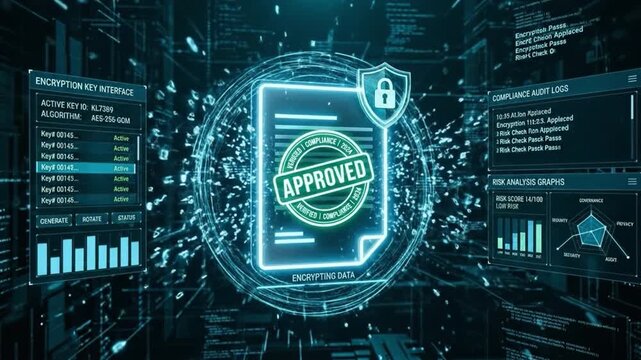 Approved digital document encryption with secure data interface, compliance audit, risk analysis, and cybersecurity protection using advanced algorithm and system software code integration